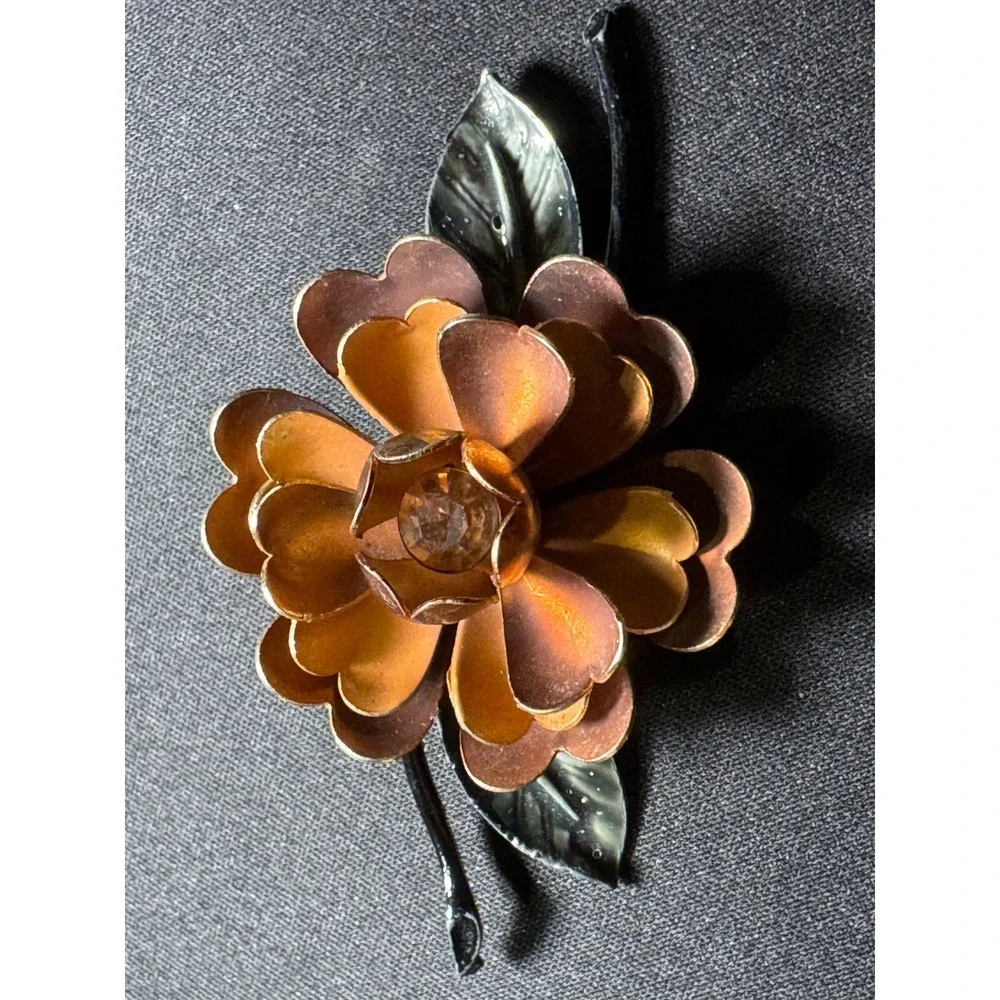 Vintage Coro Floral Brooch Copper Gold Tone Enamel Flower Amber Rhinestone Pin